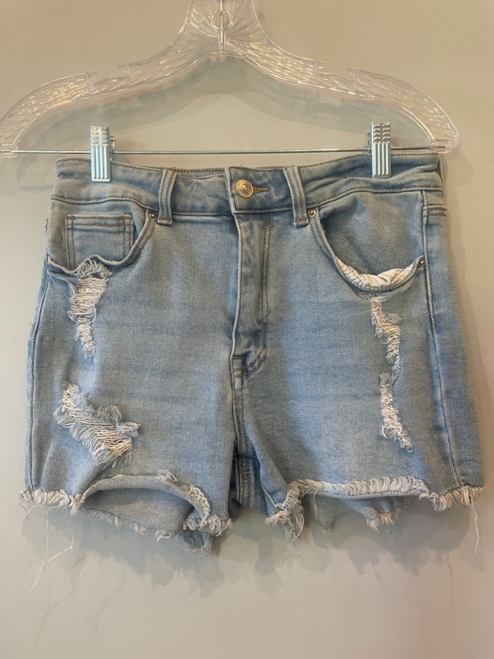 Light Wash Distressed Denim Shorts - Women's